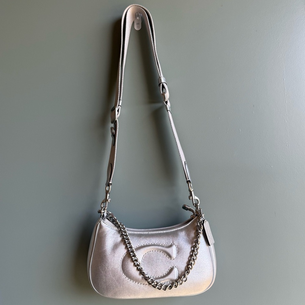 Coach Metallic Silver Shoulder Bag with Chain